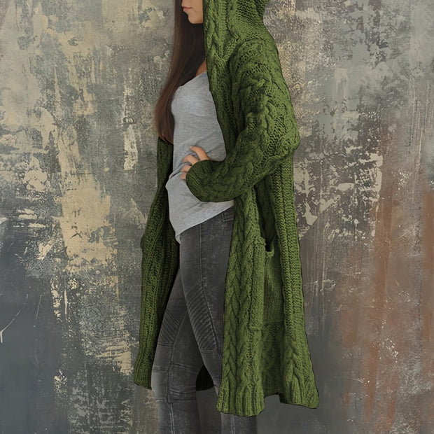 Plus Size Women's Solid Color Hooded Cardigan Coat, Casual Knitted Sweater Coat